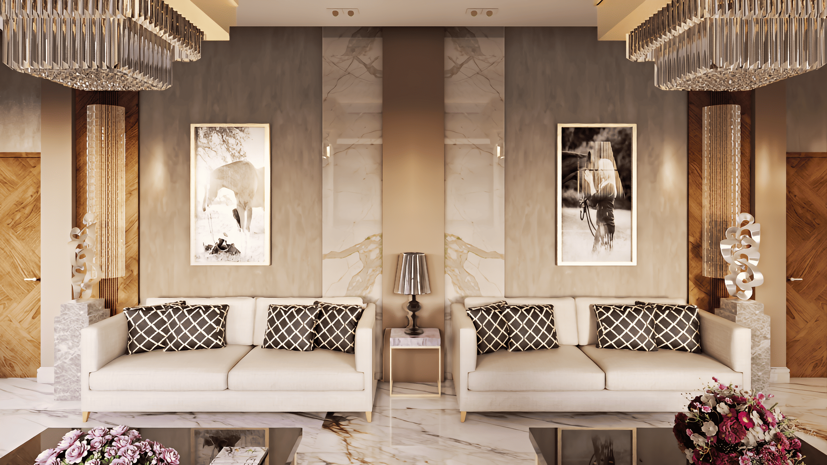 Symmetrical luxury lounge with equestrian art