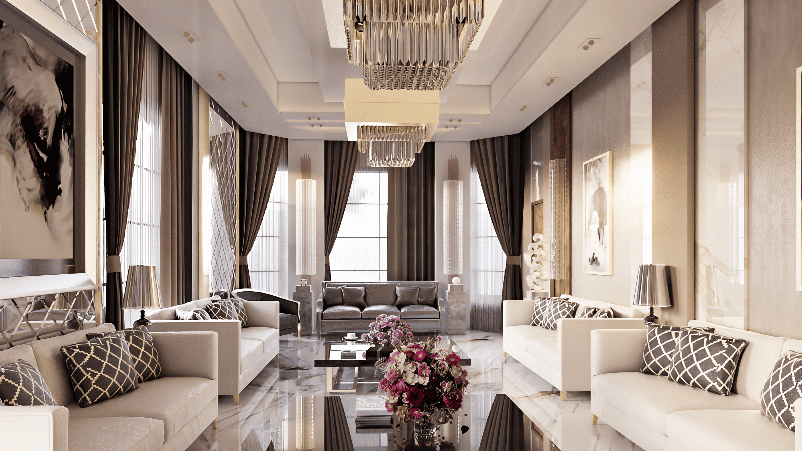 Opulent formal living room with crystal chandelier